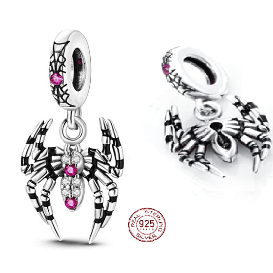 Charm Pavouk, Spider, černá vdova s růžovými a bílými zirkony, přívěsek na náramek zvíře