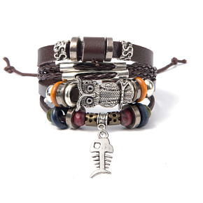 Kožený vícevrstvý náramek, symbol sova + ryba, nastavitelná velikost