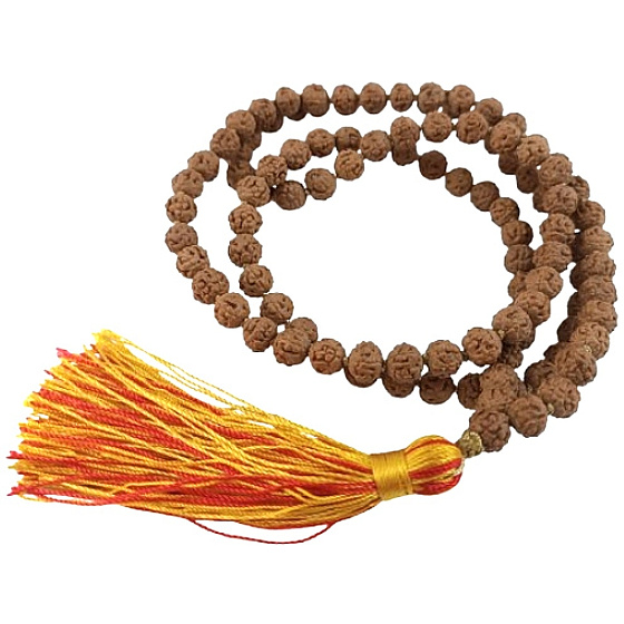 108 Mala Rudraksha meditační náhrdelník, vázaný přírodní korálek 8 mm, ruční výroba, se střapcem 8 cm, tradiční meditační šperk