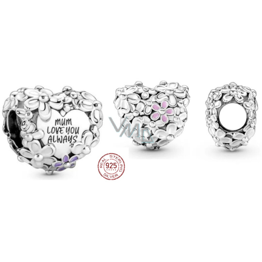 Charm Sterlingové stříbro 925 Srdce se sedmikráskami pro maminku, korálek na náramek rodina Charm Sterlingové stříbro 925 Srdce se sedmikráskami pro maminku, korálek na náramek rodina