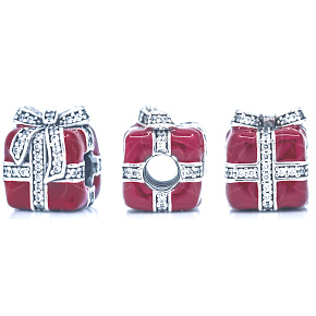 Charm Dárek červený - překvapení s mašlí, korálek na náramek vánoce