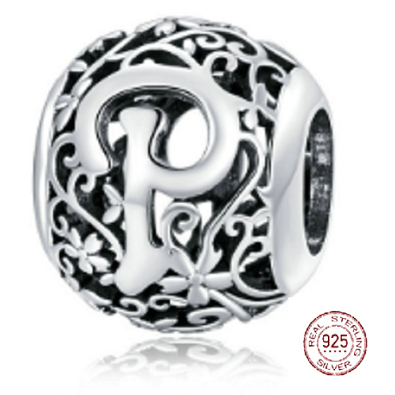 Charm Kouzelná abeceda písmeno P s květinami, korálek na náramek