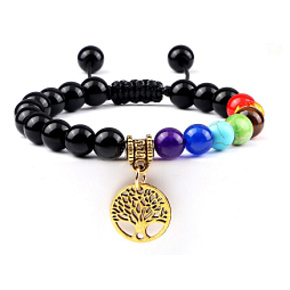 Čakrový náramek Strom života + Obsidian, přírodní kámen, ručně pletený, nastavitelná velikost, kulička 8 mm, kámen záchrany