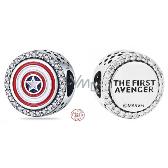 Charm Sterlingové stříbro 925 Marvel The Avengers, Captain America štítové kouzlo, korálek na náramek film