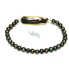 Perla říční černá s ozdobou náramek elastický přírodní, kulička 4-5 mm / 16 - 17 cm, symbol ženskosti, přináší obdiv