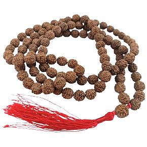 108 Mala Shiva Rudraksha, meditační šperk, přírodní indická semínka, vázaný, elastický, ruční výroba, střapec 8 cm, korálek 7-8 mm