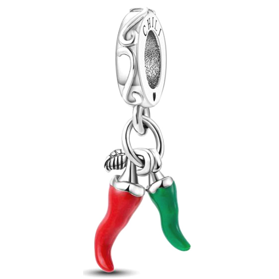 Charm Chilli paprička - pro milovníky dobré kuchyně, 2v1 přívěsek na náramek, jídlo a pití
