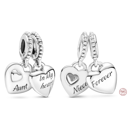 Charm Sterlingové stříbro 925 Srdce Teta & neteř 2v1, rozdělitelný přívěsek na náramek rodina