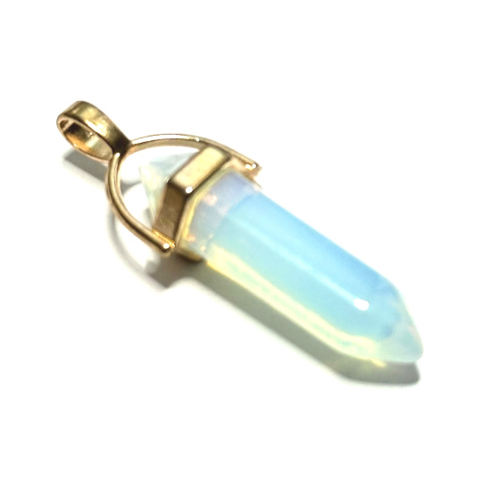Opalit Kyvadlo šestihran zlatý přívěsek syntetický kámen 41 x 13 mm, ručně vyřezávaný, kámen přání a naděje