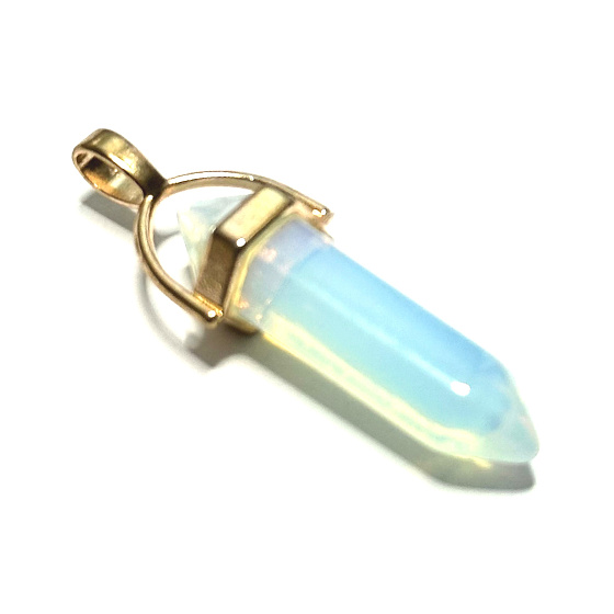 Opalit Kyvadlo šestihran zlatý přívěsek syntetický kámen 41 x 13 mm, ručně vyřezávaný, kámen přání a naděje