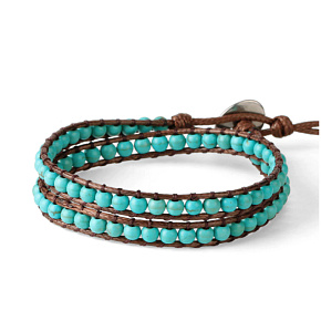 Tyrkenit kožený hnědý náramek přírodní kámen zavinovací 2 pramenů ručně pletený kulička 6 mm / cca 35 cm, kámen mladých lidí, hledá životní cíl