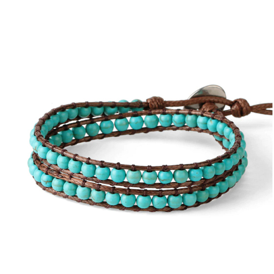 Tyrkenit kožený hnědý náramek přírodní kámen zavinovací 2 pramenů kámen mladých lidí
