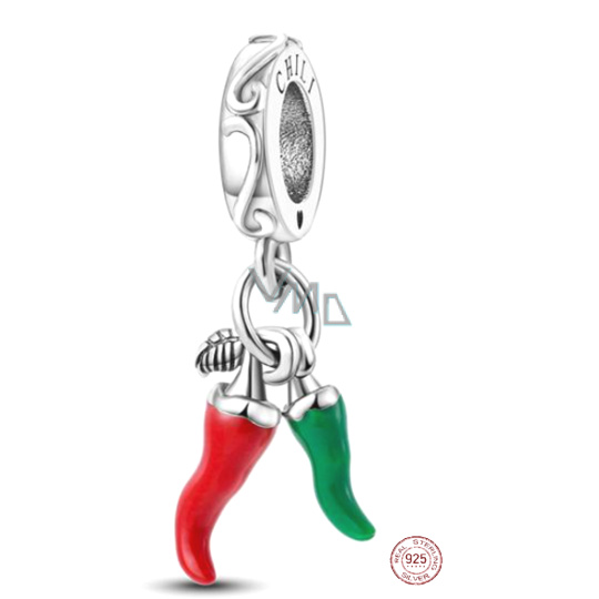 Charm Sterlingové stříbro 925 Chilli paprička - pro milovníky dobré kuchyně, 2v1 přívěsek na náramek, jídlo a pití