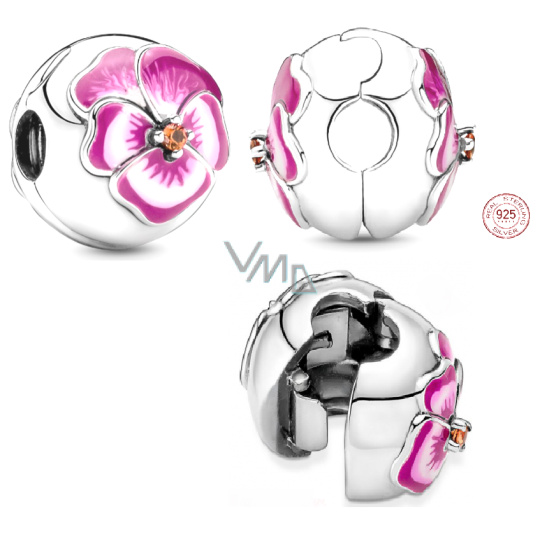 Charm Sterlingové stříbro 925 Maceška růžová, stopper, klipový korálek na náramek květina Charm Sterlingové stříbro 925 Maceška růžová, stopper, klipový korálek na náramek květina