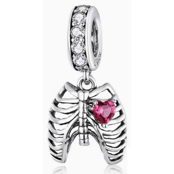 přívěsek Anatomická biologie, srdce + hrudník / žebra, symbol lásky, statečnosti, stříbrný 925 přívěsek na náramek
