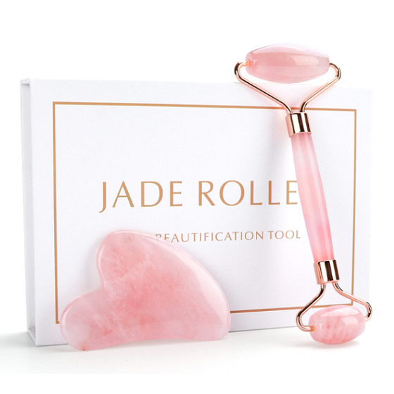 Růženin Gua Sha 5 x 8 cm + váleček masážní 14 x 5,5 cm redukuje vrásky, otoky, zlepšuje pružnost pokožky, sada, kámen lásky
