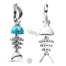 Charm Sterlingové stříbro 925 Mini medailon Tyrkysově zbarvený motiv rybí kosti, přívěsek na náramek zvíře