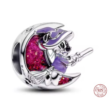 Charm Sterlingové stříbro 925 Měsíc s čarodějnicí – kouzelný amulet, korálek na náramek Halloween