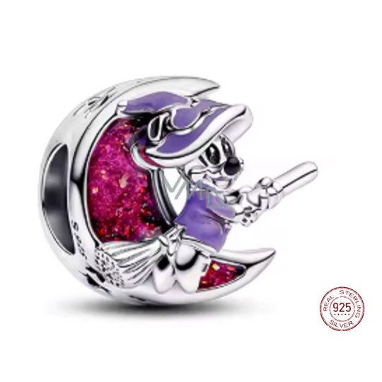 Charm Sterlingové stříbro 925 Měsíc s čarodějnicí – kouzelný amulet, korálek na náramek Halloween