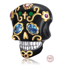 Charm Srebrna czaszka 925 Czarna i złota bransoletka, koralik na Halloween