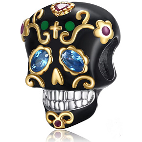 Charm Lebka černá a zlatý kříž, korálek na náramek Halloween