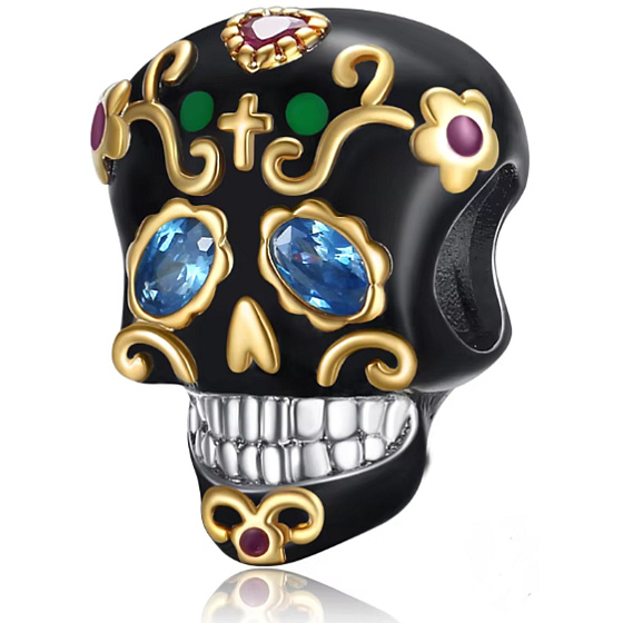 Charm Lebka černá a zlatý kříž, korálek na náramek Halloween