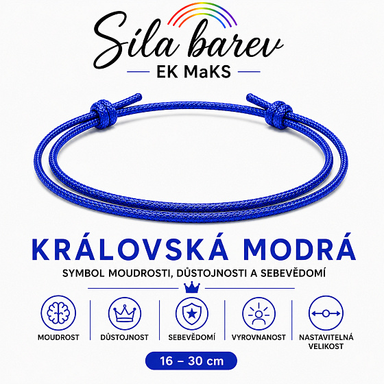 Síla barev Šňůrkový náramek – Královská modrá | Symbol moudrosti, důstojnosti a sebevědomí | nastavitelný 16 - 30 cm