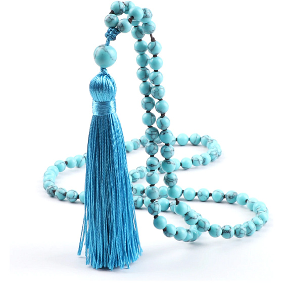 108 Mala Tyrkenit náhrdelník, meditační šperk, přírodní kámen, střapec 8 cm, korálek 6 mm, kámen zklidnění