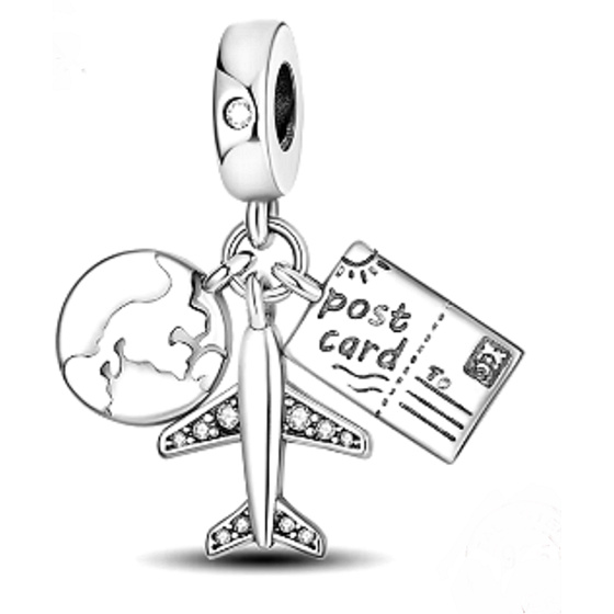 Charm Cestovní přívěsek na náramek 3v1, glóbus, pas, letadlo cestování