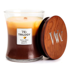 WoodWick Trilogy Cafe Sweets - Sladkosti ke kávě vonná svíčka s dřevěným knotem a víčkem sklo střední 275 g