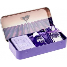 Esprit Provence Levandule toaletní mýdlo 60 g + vonný pytlík + esenciální olej 12 ml + plechová krabička s obrázkem stromu v levandulovém poli, kosmetická sada pro ženy