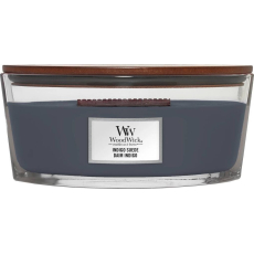 WoodWick Indigo Suede - Modrý semiš vonná svíčka s dřevěným širokým knotem a víčkem sklo loď 453 g
