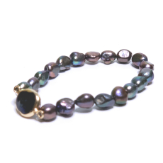 Perla černá s ozdobou náramek elastický přírodní kámen 7 - 8 mm / 16 - 17 cm