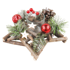 Vánoční dřevěný svícen ve tvaru hvězdy s červenými doplňky a šiškami 20 cm