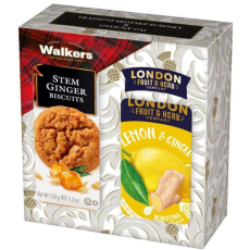 Walkers Lemon & Ginger - Zázvor a citron ovocný čaj 20 kusů + Walkers Skotské sušenky s kousky kandovaného zázvoru 150 g, dárková sada