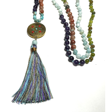 108 Mala 7 čakrový náhrdelník, meditační šperk, přírodní kámen, vázaný, střapec 9 cm, korálek 6+8 mm