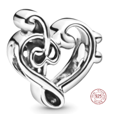 Charm Sterlingové stříbro 925 Srdcový houslový klíč, korálek na náramek láska