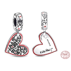 Charm Sterlingové stříbro 925 Keith Haring srdce Umění linek, lidé a srdce, přívěsek na náramek