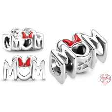 Charm Sterlingové stříbro 925 Disney Minnie Mouse mašle a slovo Mum - Maminka, korálek na náramek