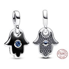 Sterlingové stříbro 925 Ruka Fatimy, Hamsa - Mini Medailon s hvězdně modrým krystalem a černým smaltem, přívěsek na náramek