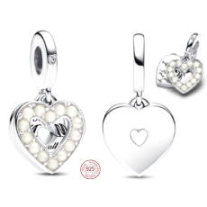 Sterlingové stříbro 925 Perleťové bílé srdce 2v1, přívěsek na náramek rodina