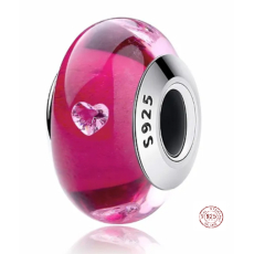 Charm Sterlingové stříbro 925 Murano růžový se srdcem, korálek na náramek láska