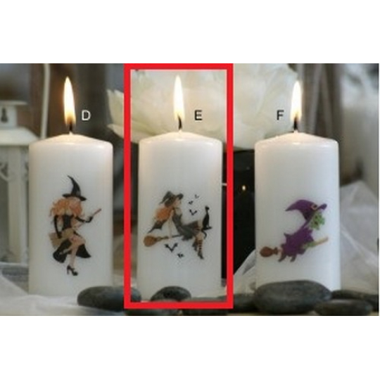 Lima Čarodějnice na koštěti s kočkou svíčka s potiskem válec bílá 50 x 100 mm 1 kus