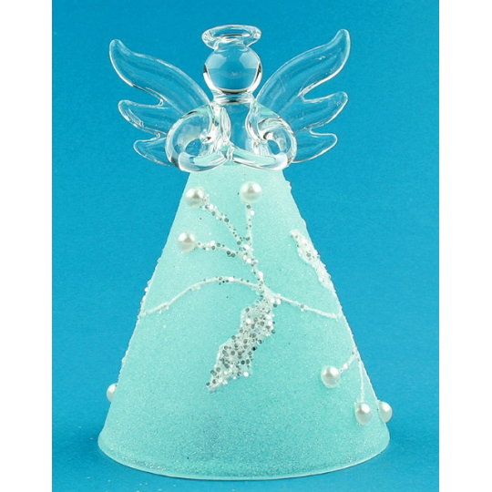 Anděl skleněný s modrou sukní na postavení 10 cm