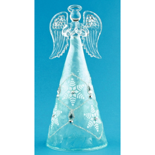 Anděl skleněný s modrou sukní na postavení 16 cm