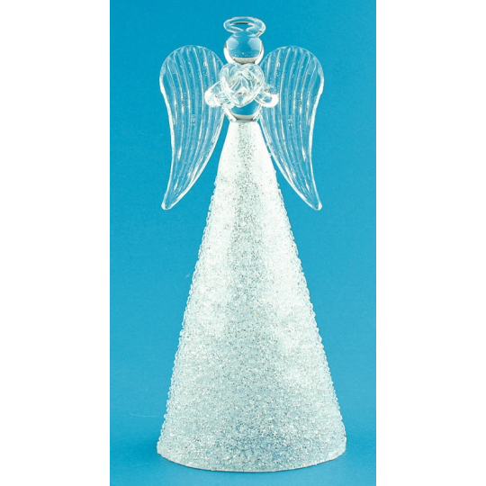 Anděl skleněný s třpytivou sukní na postavení 14 cm