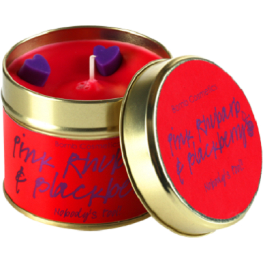 Bomb Cosmetics Růžová rebarbora a ostružina Vonná přírodní, ručně vyrobena svíčka v plechové dóze hoří až 35 hodin
