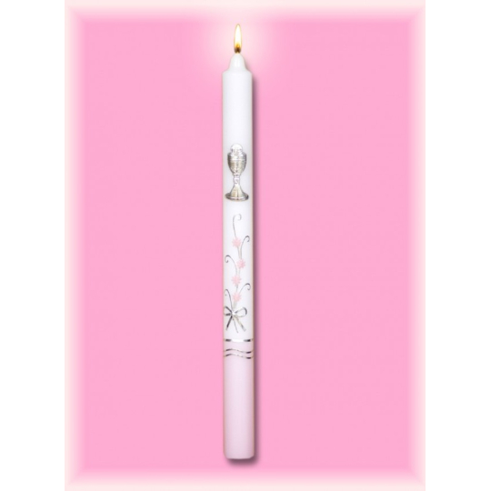 Lima Kostelní křestní - Sv.Přijímání svíčka bílá zdobená růžovo-stříbrně kalich 25 x 360 mm 1 kus