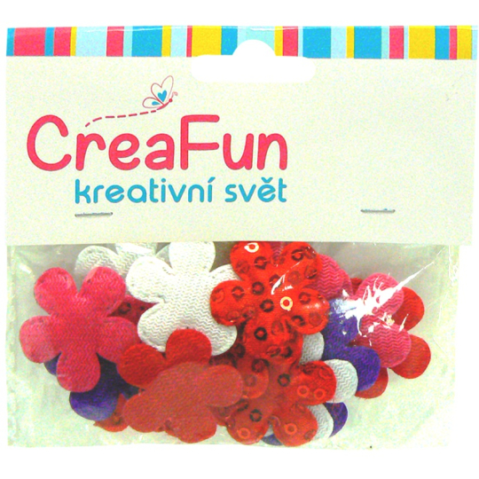 CreaFun Textilní dekorace Květina s flitry mix barev 28 x 28 mm 20 kusů