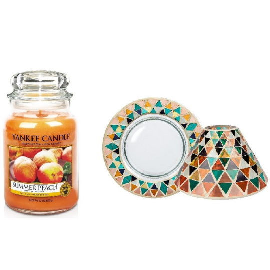 Yankee Candle Summer Peach - Letní broskev vonná svíčka Classic velká sklo 623 g + stínítko a talíř velký, dárková sada 10 x 15 cm (stínítko), 12 x 12 cm (talíř)